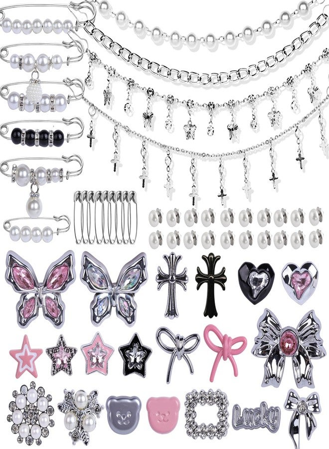 Horsdo 62pcs Silver Set Sock Charm Set, Safety Pin Brooch, Rhinestone, Pearl, Button Charms for Socks, Shoes, Clothing Accessories - Image 1